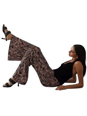 Anthropologie Drapey Flare brown motif Pants Size 2 Boho Print Wide Leg